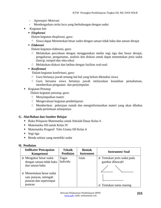 KTSP Perangkat Pembelajaran Tingkat SD, MI, DAN SDLB


      - Apresepsi/ Motivasi
      - Mendengarkan cerita lucu yang berhubungan dengan sudut
    Kegiatan Inti
      Eksplorasi
       Dalam kegiatan eksplorasi, guru:
        Siswa dapat Menentukan besar sudut dengan satuan tidak baku dan satuan derajat
      Elaborasi
       Dalam kegiatan elaborasi, guru:
        Melakukan percobaan dengan menggunakan media segi tiga dan busur derajat,
           pengukuran, pengamatan, analisis dan diskusi untuk dapat menentukan jenis sudut
           (lancip, tumpul dan siku-siku)
        Melakukan diskusi dan latihan dengan fasilitas soal-soal
      Konfirmasi
        Dalam kegiatan konfirmasi, guru:
        Guru bertanya jawab tentang hal-hal yang belum diketahui siswa
        Guru bersama siswa bertanya jawab meluruskan kesalahan pemahaman,
           memberikan penguatan dan penyimpulan
    Kegiatan Penutup
       Dalam kegiatan penutup, guru:
        Menyimpulkan materi
        Mengevaluasi kegiatan pembelajaran
        Memberikan pekerjaan rumah dan menginformasikan materi yang akan dibahas
           pada pertemuan selanjutnya

G. Alat/Bahan dan Sumber Belajar
    Buku Pelajaran Matematika untuk Sekolah Dasar Kelas 4 .
    Matematika SD untuk Kelas IV
    Matematika Progesif Teks Utama SD Kelas 4
    Segi tiga
    Benda sekitar yang memiliki sudut

H. Penilaian
    Indikator Pencapaian        Teknik           Bentuk
                                                                        Instrumen/ Soal
         Kompetensi            Penilaian       Instrumen
  o Mengukur besar sudut     Tugas            1sian              o Tentukan jenis sudut pada
    dengan satuan tidak baku Individu                              gambar dibawah!
    dan satuan baku

  o Menentukan besar sudut
    satu putaran, setengah
    putaran dan seperempat
    putaran                                                      o Tentukan nama masing

                              Rencana Pelaksanaan Pembelajaran (RPP)                           215
                                 www.jufri saleh, muhammad.com
 