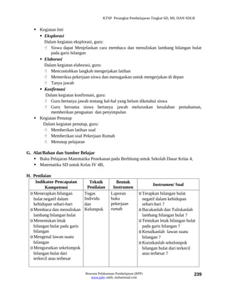 KTSP Perangkat Pembelajaran Tingkat SD, MI, DAN SDLB


    Kegiatan Inti
      Eksplorasi
       Dalam kegiatan eksplorasi, guru:
        Siswa dapat Menjelaskan cara membaca dan menuliskan lambang bilangan bulat
           pada garis bilangan
      Elaborasi
       Dalam kegiatan elaborasi, guru:
        Mencontohkan langkah mengerjakan latihan
        Memeriksa pekerjaan siswa dan menugaskan untuk mengerjakan di depan
        Tanya jawab
      Konfirmasi
        Dalam kegiatan konfirmasi, guru:
        Guru bertanya jawab tentang hal-hal yang belum diketahui siswa
        Guru bersama siswa bertanya jawab meluruskan kesalahan pemahaman,
           memberikan penguatan dan penyimpulan
    Kegiatan Penutup
       Dalam kegiatan penutup, guru:
        Memberikan latihan soal
        Memberikan soal Pekerjaan Rumah
        Menutup pelajaran

G. Alat/Bahan dan Sumber Belajar
    Buku Pelajaran Matematika Penekanan pada Berhitung untuk Sekolah Dasar Kelas 4,
    Matematika SD untuk Kelas IV 4B,

H. Penilaian
    Indikator Pencapaian          Teknik          Bentuk
                                                                         Instrumen/ Soal
          Kompetensi             Penilaian      Instrumen
 o Menerapkan bilangan         Tugas           Laporan            o Terapkan bilangan bulat
   bulat negatif dalam         Individu        buku                 negatif dalam kehidupan
   kehidupan sehari-hari       dan             pekerjaan            sehari-hari ?
 o Membaca dan menuliskan      Kelompok        rumah              o Bacakanlah dan Tuliskanlah
   lambang bilangan bulat                                           lambang bilangan bulat ?
 o Menentukan letak                                               o Tentukan letak bilangan bulat
   bilangan bulat pada garis                                        pada garis bilangan ?
   bilangan                                                       o Kenalkanlah lawan suatu
 o Mengenal lawan suatu                                             bilangan ?
   bilangan                                                       o Kurutkanlah sekelompok
 o Mengurutkan sekelompok                                           bilangan bulat dari terkecil
   bilangan bulat dari                                              atau terbesar ?
   terkecil atau terbesar


                               Rencana Pelaksanaan Pembelajaran (RPP)                           239
                                  www.jufri saleh, muhammad.com
 