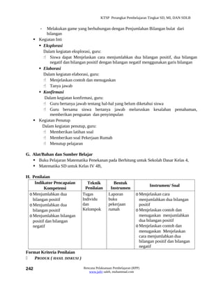 KTSP Perangkat Pembelajaran Tingkat SD, MI, DAN SDLB


       - Melakukan game yang berhubungan dengan Penjumlahan Bilangan bulat dari
         bilangan
    Kegiatan Inti
      Eksplorasi
       Dalam kegiatan eksplorasi, guru:
        Siswa dapat Menjelaskan cara menjumlahkan dua bilangan positif, dua bilangan
           negatif dan bilangan positif dengan bilangan negatif menggunakan garis bilangan
      Elaborasi
       Dalam kegiatan elaborasi, guru:
        Menjelaskan contoh dan menugaskan
        Tanya jawab
      Konfirmasi
        Dalam kegiatan konfirmasi, guru:
        Guru bertanya jawab tentang hal-hal yang belum diketahui siswa
        Guru bersama siswa bertanya jawab meluruskan kesalahan pemahaman,
           memberikan penguatan dan penyimpulan
    Kegiatan Penutup
       Dalam kegiatan penutup, guru:
        Memberikan latihan soal
        Memberikan soal Pekerjaan Rumah
        Menutup pelajaran

G. Alat/Bahan dan Sumber Belajar
    Buku Pelajaran Matematika Penekanan pada Berhitung untuk Sekolah Dasar Kelas 4,
    Matematika SD untuk Kelas IV 4B,

H. Penilaian
    Indikator Pencapaian          Teknik          Bentuk
                                                                         Instrumen/ Soal
          Kompetensi             Penilaian      Instrumen
 o Menjumlahkan dua            Tugas           Laporan            o Menjelaskan cara
   bilangan positif            Individu        buku                 menjumlahkan dua bilangan
 o Menjumlahkan dua            dan             pekerjaan            positif
   bilangan positif            Kelompok        rumah              o Menjelaskan contoh dan
 o Menjumlahkan bilangan                                            menugaskan menjumlahkan
   positif dan bilangan                                             dua bilangan positif
   negatif                                                        o Menjelaskan contoh dan
                                                                    menugaskan Menjelaskan
                                                                    cara menjumlahkan dua
                                                                    bilangan positif dan bilangan
                                                                    negatif
Format Kriteria Penilaian
   PRODUK ( HASIL DISKUSI )

242                            Rencana Pelaksanaan Pembelajaran (RPP)
                                  www.jufri saleh, muhammad.com
 
