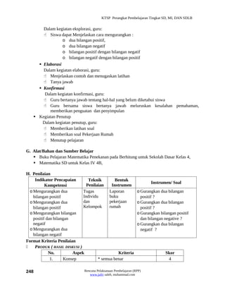 KTSP Perangkat Pembelajaran Tingkat SD, MI, DAN SDLB


       Dalam kegiatan eksplorasi, guru:
        Siswa dapat Menjelaskan cara mengurangkan :
                 o dua bilangan positif,
                 o dua bilangan negatif
                 o bilangan positif dengan bilangan negatif
                 o bilangan negatif dengan bilangan positif
      Elaborasi
       Dalam kegiatan elaborasi, guru:
        Menjelaskan contoh dan menugaskan latihan
        Tanya jawab
      Konfirmasi
        Dalam kegiatan konfirmasi, guru:
        Guru bertanya jawab tentang hal-hal yang belum diketahui siswa
        Guru bersama siswa bertanya jawab meluruskan kesalahan pemahaman,
           memberikan penguatan dan penyimpulan
    Kegiatan Penutup
       Dalam kegiatan penutup, guru:
        Memberikan latihan soal
        Memberikan soal Pekerjaan Rumah
        Menutup pelajaran

G. Alat/Bahan dan Sumber Belajar
    Buku Pelajaran Matematika Penekanan pada Berhitung untuk Sekolah Dasar Kelas 4,
    Matematika SD untuk Kelas IV 4B,

H. Penilaian
     Indikator Pencapaian        Teknik        Bentuk
                                                                        Instrumen/ Soal
           Kompetensi           Penilaian    Instrumen
  o Mengurangkan dua          Tugas         Laporan              o Gurangkan dua bilangan
    bilangan positif          Individu      buku                   positif ?
  o Mengurangkan dua          dan           pekerjaan            o Gurangkan dua bilangan
    bilangan positif          Kelompok      rumah                  positif ?
  o Mengurangkan bilangan                                        o Gurangkan bilangan positif
    positif dan bilangan                                           dan bilangan negative ?
    negatif                                                      o Gurangkan dua bilangan
  o Mengurangkan dua                                               negatif ?
    bilangan negatif
Format Kriteria Penilaian
    PRODUK ( HASIL DISKUSI )
             No.         Aspek                   Kriteria                       Skor
              1.     Konsep           * semua benar                              4

248                           Rencana Pelaksanaan Pembelajaran (RPP)
                                 www.jufri saleh, muhammad.com
 