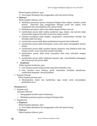 KTSP Perangkat Pembelajaran Tingkat SD, MI, DAN SDLB

Dalam kegiatan eksplorasi, guru:
 Siswa dapat Memahami dan menggunakan sifat-sifat operasi hitung
 Elaborasi
Dalam kegiatan elaborasi, guru:
 Melakukan permainan (games) mengenai bilangan bulat, diskusi, memberi contoh
besaran sehari-hari yang menggunakan bilangan positif dan negatif, serta
menganalisis dan menyimpulkan jenis operasi hitung
 Melakukan percobaan, diskusi dan latihan dengan fasilitas soal-soal
 memfasilitasi peserta didik melalui pemberian tugas, diskusi, dan lain-lain untuk
memunculkan gagasan baru baik secara lisan maupun tertulis;
 memberi kesempatan untuk berpikir, menganalisis, menyelesaikan masalah, dan
bertindak tanpa rasa takut;
 memfasilitasi peserta didik dalam pembelajaran kooperatif dan kolaboratif;
 memfasilitasi peserta didik berkompetisi secara sehat untuk meningkatkan prestasi
belajar;
 memfasilitasi peserta didik membuat laporan eksplorasi yang dilakukan baik lisan
maupun tertulis, secara individual maupun kelompok;
 memfasilitasi peserta didik untuk menyajikan hasil kerja individual maupun
kelompok;
 memfasilitasi peserta didik melakukan kegiatan yang menumbuhkan kebanggaan
dan rasa percaya diri peserta didik.
 Konfirmasi
Dalam kegiatan konfirmasi, guru:
 Guru bertanya jawab tentang hal-hal yang belum diketahui siswa
 Guru bersama siswa bertanya jawab meluruskan kesalahan pemahaman,
memberikan penguatan dan penyimpulan
 Kegiatan Penutup
Dalam kegiatan penutup, guru:
 Menyimpulkan materi dan memberikan tugas rumah untuk memantapkan
pemahaman siswa.
Pertemuan ke-2
 Kegiatan awal
Apresepsi/ Motivasi
- Mengingatkan kembali materi sebelumnya.
- Melakukan permainan (games) mengenai bilangan bulat.
 Kegiatan Inti
 Eksplorasi
Dalam kegiatan eksplorasi, guru:
 Siswa dapat Memahami dan menggunakan sifat-sifat operasi hitung
 Elaborasi
Dalam kegiatan elaborasi, guru:
10

Rencana Pelaksanaan Pembelajaran (RPP)

 