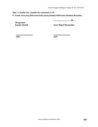 KTSP Perangkat Pembelajaran Tingkat SD, MI, DAN SDLB

Nilai = ( Jumlah skor : jumlah skor maksimal ) X 10.
 Untuk siswa yang tidak memenuhi syarat penilaian KKM maka diadakan Remedial.
............, ......................20 ...
Mengetahui
Kepala Sekolah

..................................
NIP :

Guru Mapel Matematika

..................................
NIP :

Rencana Pelaksanaan Pembelajaran (RPP)

107

 