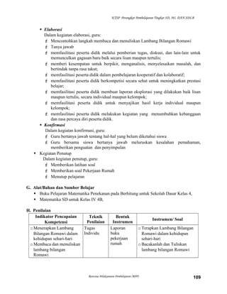 KTSP Perangkat Pembelajaran Tingkat SD, MI, DAN SDLB

 Elaborasi
Dalam kegiatan elaborasi, guru:
 Mencontohkan langkah membaca dan menuliskan Lambang Bilangan Romawi
 Tanya jawab
 memfasilitasi peserta didik melalui pemberian tugas, diskusi, dan lain-lain untuk
memunculkan gagasan baru baik secara lisan maupun tertulis;
 memberi kesempatan untuk berpikir, menganalisis, menyelesaikan masalah, dan
bertindak tanpa rasa takut;
 memfasilitasi peserta didik dalam pembelajaran kooperatif dan kolaboratif;
 memfasilitasi peserta didik berkompetisi secara sehat untuk meningkatkan prestasi
belajar;
 memfasilitasi peserta didik membuat laporan eksplorasi yang dilakukan baik lisan
maupun tertulis, secara individual maupun kelompok;
 memfasilitasi peserta didik untuk menyajikan hasil kerja individual maupun
kelompok;
 memfasilitasi peserta didik melakukan kegiatan yang menumbuhkan kebanggaan
dan rasa percaya diri peserta didik.
 Konfirmasi
Dalam kegiatan konfirmasi, guru:
 Guru bertanya jawab tentang hal-hal yang belum diketahui siswa
 Guru bersama siswa bertanya jawab meluruskan kesalahan pemahaman,
memberikan penguatan dan penyimpulan
 Kegiatan Penutup
Dalam kegiatan penutup, guru:
 Memberikan latihan soal
 Memberikan soal Pekerjaan Rumah
 Menutup pelajaran
G. Alat/Bahan dan Sumber Belajar
 Buku Pelajaran Matematika Penekanan pada Berhitung untuk Sekolah Dasar Kelas 4,
 Matematika SD untuk Kelas IV 4B,
H. Penilaian
Indikator Pencapaian
Teknik
Penilaian
Kompetensi
o Menerapkan Lambang
Tugas
Bilangan Romawi dalam Individu
kehidupan sehari-hari
o Membaca dan menuliskan
lambang bilangan
Romawi

Bentuk
Instrumen
Laporan
buku
pekerjaan
rumah

Instrumen/ Soal
o Terapkan Lambang Bilangan
Romawi dalam kehidupan
sehari-hari
o Bacakanlah dan Tuliskan
lambang bilangan Romawi

Rencana Pelaksanaan Pembelajaran (RPP)

109

 