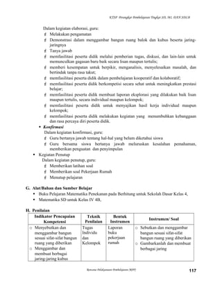KTSP Perangkat Pembelajaran Tingkat SD, MI, DAN SDLB

Dalam kegiatan elaborasi, guru:
 Melakukan pengamatan
 Demonstrasi dalam menggambar bangun ruang balok dan kubus beserta jaringjaringnya
 Tanya jawab
 memfasilitasi peserta didik melalui pemberian tugas, diskusi, dan lain-lain untuk
memunculkan gagasan baru baik secara lisan maupun tertulis;
 memberi kesempatan untuk berpikir, menganalisis, menyelesaikan masalah, dan
bertindak tanpa rasa takut;
 memfasilitasi peserta didik dalam pembelajaran kooperatif dan kolaboratif;
 memfasilitasi peserta didik berkompetisi secara sehat untuk meningkatkan prestasi
belajar;
 memfasilitasi peserta didik membuat laporan eksplorasi yang dilakukan baik lisan
maupun tertulis, secara individual maupun kelompok;
 memfasilitasi peserta didik untuk menyajikan hasil kerja individual maupun
kelompok;
 memfasilitasi peserta didik melakukan kegiatan yang menumbuhkan kebanggaan
dan rasa percaya diri peserta didik.
 Konfirmasi
Dalam kegiatan konfirmasi, guru:
 Guru bertanya jawab tentang hal-hal yang belum diketahui siswa
 Guru bersama siswa bertanya jawab meluruskan kesalahan pemahaman,
memberikan penguatan dan penyimpulan
 Kegiatan Penutup
Dalam kegiatan penutup, guru:
 Memberikan latihan soal
 Memberikan soal Pekerjaan Rumah
 Menutup pelajaran
G. Alat/Bahan dan Sumber Belajar
 Buku Pelajaran Matematika Penekanan pada Berhitung untuk Sekolah Dasar Kelas 4,
 Matematika SD untuk Kelas IV 4B,
H. Penilaian
Indikator Pencapaian
Kompetensi
o Menyebutkan dan
menggambar bangun
sesuai sifat-sifat bangun
ruang yang diberikan
o Menggambar dan
membuat berbagai
jaring-jaring kubus

Teknik
Penilaian
Tugas
Individu
dan
Kelompok

Bentuk
Instrumen
Laporan
buku
pekerjaan
rumah

Instrumen/ Soal
o Sebutkan dan menggambar
bangun sesuai sifat-sifat
bangun ruang yang diberikan
o Gambarkanlah dan membuat
berbagai jaring

Rencana Pelaksanaan Pembelajaran (RPP)

117

 