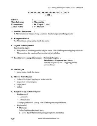 KTSP Perangkat Pembelajaran Tingkat SD, MI, DAN SDLB

RENCANA PELAKSANAAN PEMBELAJARAN
( RPP )
Sekolah
Mata Pelajaran
Kelas/semester
Alokasi waktu

:
:
:
:

.........................
Matematika
IV (Empat) /2 (dua)
4 x 35 menit

A. Standar Kompetensi :
8. Memahami sifat bangun ruang sederhana dan hubungan antar bangun datar
B. Kompetensi Dasar
8.2 Menentukan jaring-jaring balok dan kubus
C. Tujuan Pembelajaran**
Peserta didik dapat :
 Menyebutkan dan menggambar bangun sesuai sifat-sifat bangun ruang yang diberikan
 Menggambar dan membuat berbagai jaring-jaring kubus
 Karakter siswa yang diharapkan : Disiplin ( Discipline ),
Rasa hormat dan perhatian ( respect )
Tekun ( diligence ) dan Tanggung jawab (
responsibility )
D. Materi Ajar
 jaring-jaring balok dan kubus
E. Metoda Pembelajaran
 deduktif-deskriptif (meringkas uraian materi)
 ekspositori (menerangkan)
 tanya jawab
 latihan
F. Langkah-langkah Pembelajaran
 Kegiatan awal
- Apersepsi
- Demonstrasi
- Mengingat kembali konsep sifat-sifat bangun ruang sederhana
 Kegiatan Inti
 Eksplorasi
Dalam kegiatan eksplorasi, guru:
 Siswa dapat Menentukan jaring-jaring balok dan kubus
120

Rencana Pelaksanaan Pembelajaran (RPP)

 