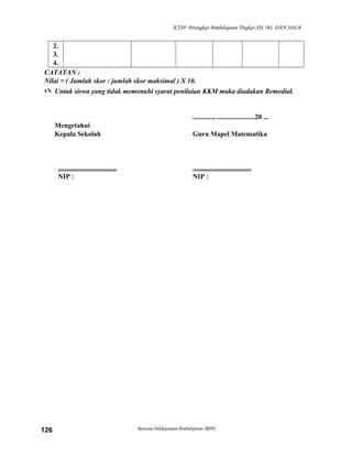 KTSP Perangkat Pembelajaran Tingkat SD, MI, DAN SDLB

2.
3.
4.
CATATAN :
Nilai = ( Jumlah skor : jumlah skor maksimal ) X 10.
 Untuk siswa yang tidak memenuhi syarat penilaian KKM maka diadakan Remedial.

............, ......................20 ...
Mengetahui
Kepala Sekolah

..................................
NIP :

126

Guru Mapel Matematika

..................................
NIP :

Rencana Pelaksanaan Pembelajaran (RPP)

 