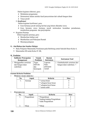 KTSP Perangkat Pembelajaran Tingkat SD, MI, DAN SDLB

Dalam kegiatan elaborasi, guru:
 Melakukan pengamatan
 Demonstrasi dalam melukis hasil pencerminan dari sebuah bangun datar
 Tanya jawab
 Konfirmasi
Dalam kegiatan konfirmasi, guru:
 Guru bertanya jawab tentang hal-hal yang belum diketahui siswa
 Guru bersama siswa bertanya jawab meluruskan kesalahan pemahaman,
memberikan penguatan dan penyimpulan
 Kegiatan Penutup
Dalam kegiatan penutup, guru:
 Memberikan latihan soal
 Memberikan soal Pekerjaan Rumah
 Menutup pelajaran
G. Alat/Bahan dan Sumber Belajar
 Buku Pelajaran Matematika Penekanan pada Berhitung untuk Sekolah Dasar Kelas 4,
 Matematika SD untuk Kelas IV 4B,
H. Penilaian
Indikator Pencapaian
Kompetensi
o Menggambar cerminan
dari bangun datar
sederhana

Teknik
Penilaian
Tugas
Individu
dan
Kelompok

Format Kriteria Penilaian

PRODUK ( HASIL DISKUSI )
No.
Aspek
1.
Konsep



PERFORMANSI
No.
Aspek
1.
Pengetahuan

2.
128

Sikap

Bentuk
Instrumen
Laporan
buku
pekerjaan
rumah

Instrumen/ Soal
o Gambarkanlah cerminan dari
bangun datar sederhana ?

Kriteria
* semua benar
* sebagian besar benar
* sebagian kecil benar
* semua salah

Kriteria
* Pengetahuan
* kadang-kadang Pengetahuan
* tidak Pengetahuan
* Sikap
Rencana Pelaksanaan Pembelajaran (RPP)

Skor
4
3
2
1

Skor
4
2
1
4

 