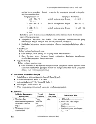 KTSP Perangkat Pembelajaran Tingkat SD, MI, DAN SDLB

setelah itu mengadakan diskusi kelas dan bersama-sama mencari kesimpulan.
Bagaimanakah hasil dari:
Pengerjaan dari kiri
Pengerjaan dari kanan
1) (40 + 50) – 70 =
apakah hasilnya sama dengan
40 + ( 50 –
70) =…
2) (45 – 45) : 5 =
apakah hasilnya sama dengan
45 – (45 : 9)
=…
3) (12 x 5) + 6 =
apakah hasilnya sama dengan
12 x ( 5 + 6)
=…
4) dst.
Lalu kasus-kasus itu didiskusikan lalu bersama-sama mencari aturan dasar dalam
operasi hitung campuran.
 Mengadakan percobaan dan diskusi kelas mengenai masalah-masalah yang
berhubungan dengan bilangan bulat misalnya masalah jual beli dll.
 Melakukan latihan soal yang memecahkan bilangan bulat dalam kehidupan seharihari.
 Konfirmasi
Dalam kegiatan konfirmasi, guru:
 Guru bertanya jawab tentang hal-hal yang belum diketahui siswa
 Guru bersama siswa bertanya jawab meluruskan kesalahan pemahaman,
memberikan penguatan dan penyimpulan
 Kegiatan Penutup
Dalam kegiatan penutup, guru:
 Guru memberikan kesimpulan mengenai materi yang telah dibahas bersama-sama
kemudian memberikan pekerjaan rumah dan menginformasikan materi yang akan
dibahas pada pertemuan selanjutnya.
G. Alat/Bahan dan Sumber Belajar
 Buku Pelajaran Matematika untuk Sekolah Dasar Kelas 5 .
 Matematika SD untuk Kelas V 5 A Esis
 Matematika Progesif Teks Utama SD Kelas 5
 Koin Logam , manik-manik, dll
 White board, papan tulis, spidol, kapur dan penghapus papan tulis
H. Penilaian
Indikator Pencapaian
Kompetensi
o Membaca dan
menuliskan bilngan bulat
dalam kata-kata dan
angka
o Melakukan operasi
penjumlahan,
144

Teknik
Penilaian
Tugas
IndVidu
dan
Kelompok

Bentuk
Instrumen
Isian

Rencana Pelaksanaan Pembelajaran (RPP)

Instrumen/ Soal
o – 234 ditulis………………..
o positif lima ratus empat
puluh lima
ditulis……………
o Buatlah diagram panahnya 4,
-5,-3 –10!

 