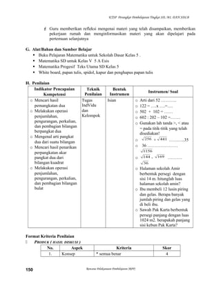 KTSP Perangkat Pembelajaran Tingkat SD, MI, DAN SDLB

 Guru memberikan refleksi mengenai materi yang telah disampaikan, memberikan
pekerjaan rumah dan menginformasikan materi yang akan dipelajari pada
pertemuan selanjutnya
G. Alat/Bahan dan Sumber Belajar
 Buku Pelajaran Matematika untuk Sekolah Dasar Kelas 5 .
 Matematika SD untuk Kelas V 5 A Esis
 Matematika Progesif Teks Utama SD Kelas 5
 White board, papan tulis, spidol, kapur dan penghapus papan tulis
H. Penilaian
Indikator Pencapaian
Kompetensi
o Mencari hasil
pemangkatan dua
o Melakukan operasi
penjumlahan,
pengurangan, perkalian,
dan pembagian bilangan
berpangkat dua
o Mengenal arti pangkat
dua dari suatu bilangan
o Mencari hasil penarikan
perpangkatan akar
pangkat dua dari
bilangan kuadrat
o Melakukan operasi
penjumlahan,
pengurangan, perkalian,
dan pembagian bilangan
bulat

Teknik
Penilaian
Tugas
IndVidu
dan
Kelompok

Format Kriteria Penilaian

PRODUK ( HASIL DISKUSI )
No.
Aspek
1.
Konsep

150

Bentuk
Instrumen
Isian

Instrumen/ Soal
Arti dari 52 ………..
122 = ….x ….=….
502 + 102 = ……
602 : 202 – 102 =…….
Gunakan lah tanda >, < atau
= pada titik-titik yang telah
disediakan!
256 + 441 ………..35
o
o 36 …………………
o
o
o
o
o

1156

o

144 -

169

……….

36

o Halaman sekolah Amir
berbentuk persegi dengan
sisi 14 m. hitunglah luas
halaman sekolah amin?
o Ibu membeli 12 lusin piring
dan gelas. Berapa banyak
jumlah piring dan gelas yang
di beli ibu.
o Sawah Pak Karta berbentuk
persegi panjang dengan luas
1024 m2. berapakah panjang
sisi kebun Pak Karta?

Kriteria
* semua benar

Rencana Pelaksanaan Pembelajaran (RPP)

Skor
4

 