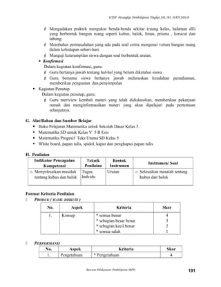 KTSP Perangkat Pembelajaran Tingkat SD, MI, DAN SDLB

 Mengadakan praktek mengukur benda-benda sekitar (ruang kelas, halaman dll)
yang berbentuk bangun ruang seperti kubus, balok, limas, prisma , kerucut dan
tabung.
 Membahas permasalahan yang ada pada soal cerita mengenai volum bangun ruang
dalam kehidupan sehari-hari.
 Menguji keterampilan siswa dengan soal berbentuk uraian.
 Konfirmasi
Dalam kegiatan konfirmasi, guru:
 Guru bertanya jawab tentang hal-hal yang belum diketahui siswa
 Guru bersama siswa bertanya jawab meluruskan kesalahan pemahaman,
memberikan penguatan dan penyimpulan
 Kegiatan Penutup
Dalam kegiatan penutup, guru:
 Guru meriview kembali materi yang telah didiskusikan, memberikan pekerjaan
rumah dan menginformasikan materi yang akan dipelajari pada pertemuan
selanjutnya.
G. Alat/Bahan dan Sumber Belajar
 Buku Pelajaran Matematika untuk Sekolah Dasar Kelas 5 .
 Matematika SD untuk Kelas V 5 B Esis
 Matematika Progesif Teks Utama SD Kelas 5
 White board, papan tulis, spidol, kapur dan penghapus papan tulis
H. Penilaian
Indikator Pencapaian
Kompetensi
o Menyelesaikan masalah
tentang kubus dan balok

Teknik
Penilaian
Tugas
Indvidu

Bentuk
Instrumen
Uraian

Instrumen/ Soal
o Selesaikan masalah tentang
kubus dan balok

Format Kriteria Penilaian

PRODUK ( HASIL DISKUSI )
No.
1.



Aspek
Konsep

PERFORMANSI
No.
Aspek
1.
Pengetahuan

Kriteria
* semua benar
* sebagian besar benar
* sebagian kecil benar
* semua salah

Kriteria
* Pengetahuan
Rencana Pelaksanaan Pembelajaran (RPP)

Skor
4
3
2
1

Skor
4
191

 