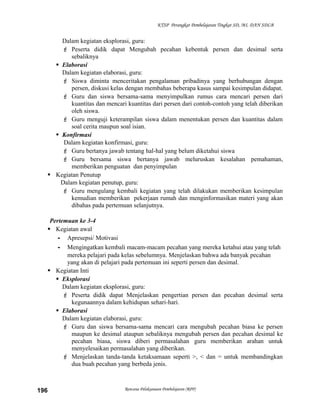 KTSP Perangkat Pembelajaran Tingkat SD, MI, DAN SDLB

Dalam kegiatan eksplorasi, guru:
 Peserta didik dapat Mengubah pecahan kebentuk persen dan desimal serta
sebaliknya
 Elaborasi
Dalam kegiatan elaborasi, guru:
 Siswa diminta menceritakan pengalaman pribadinya yang berhubungan dengan
persen, diskusi kelas dengan membahas beberapa kasus sampai kesimpulan didapat.
 Guru dan siswa bersama-sama menyimpulkan rumus cara mencari persen dari
kuantitas dan mencari kuantitas dari persen dari contoh-contoh yang telah diberikan
oleh siswa.
 Guru menguji keterampilan siswa dalam menentukan persen dan kuantitas dalam
soal cerita maupun soal isian.
 Konfirmasi
Dalam kegiatan konfirmasi, guru:
 Guru bertanya jawab tentang hal-hal yang belum diketahui siswa
 Guru bersama siswa bertanya jawab meluruskan kesalahan pemahaman,
memberikan penguatan dan penyimpulan
 Kegiatan Penutup
Dalam kegiatan penutup, guru:
 Guru mengulang kembali kegiatan yang telah dilakukan memberikan kesimpulan
kemudian memberikan pekerjaan rumah dan menginformasikan materi yang akan
dibahas pada pertemuan selanjutnya.
Pertemuan ke 3-4
 Kegiatan awal
- Apresepsi/ Motivasi
- Mengingatkan kembali macam-macam pecahan yang mereka ketahui atau yang telah
mereka pelajari pada kelas sebelumnya. Menjelaskan bahwa ada banyak pecahan
yang akan di pelajari pada pertemuan ini seperti persen dan desimal.
 Kegiatan Inti
 Eksplorasi
Dalam kegiatan eksplorasi, guru:
 Peserta didik dapat Menjelaskan pengertian persen dan pecahan desimal serta
kegunaannya dalam kehidupan sehari-hari.
 Elaborasi
Dalam kegiatan elaborasi, guru:
 Guru dan siswa bersama-sama mencari cara mengubah pecahan biasa ke persen
maupun ke desimal ataupun sebaliknya mengubah persen dan pecahan desimal ke
pecahan biasa, siswa diberi permasalahan guru memberikan arahan untuk
menyelesaikan permasalahan yang diberikan.
 Menjelaskan tanda-tanda ketaksamaan seperti >, < dan = untuk membandingkan
dua buah pecahan yang berbeda jenis.

196

Rencana Pelaksanaan Pembelajaran (RPP)

 