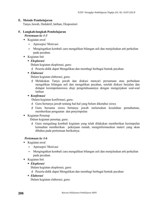 KTSP Perangkat Pembelajaran Tingkat SD, MI, DAN SDLB

E. Metode Pembelajaran
Tanya Jawab, Deduktif, latihan, Ekspositori
F. Langkah-langkah Pembelajaran
Pertemuan ke 1-3
 Kegiatan awal
- Apresepsi/ Motivasi
- Mengingatkan kembali cara mengalikan bilangan asli dan menjelaskan arti perkalian
pada pecahan.
 Kegiatan Inti
 Eksplorasi
Dalam kegiatan eksplorasi, guru:
 Peserta didik dapat Mengalikan dan membagi berbagai bentuk pecahan
 Elaborasi
Dalam kegiatan elaborasi, guru:
 Melakukan Tanya jawab dan diskusi mencari persamaan atau perbedaan
mengalikan bilangan asli dan mengalikan pecahan, setelah diskusi berjalan dan
didapat kesimpulansiswa diuji pengetahuaannya dengan mengerjakan soal-soal
latihan
 Konfirmasi
Dalam kegiatan konfirmasi, guru:
 Guru bertanya jawab tentang hal-hal yang belum diketahui siswa
 Guru bersama siswa bertanya jawab meluruskan kesalahan pemahaman,
memberikan penguatan dan penyimpulan
 Kegiatan Penutup
Dalam kegiatan penutup, guru:
 Guru mengulang kembali kegiatan yang telah dilakukan memberikan kesimpulan
kemudian memberikan pekerjaan rumah, menginformasikan materi yang akan
dibahas pada pertemuan berikutnya.
Pertemuan ke 3-6
 Kegiatan awal
- Apresepsi/ Motivasi
- Mengingatkan kembali cara mengalikan bilangan asli dan menjelaskan arti perkalian
pada pecahan.
 Kegiatan Inti
 Eksplorasi
Dalam kegiatan eksplorasi, guru:
 Peserta didik dapat Mengalikan dan membagi berbagai bentuk pecahan
 Elaborasi
Dalam kegiatan elaborasi, guru:

206

Rencana Pelaksanaan Pembelajaran (RPP)

 
