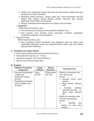 KTSP Perangkat Pembelajaran Tingkat SD, MI, DAN SDLB

 Setelah siswa menemukan bangun datar apa saja yang berada di dalam kelas guru
membagi siswa dalam kelompok.
 Melakukan diskusi kelompok dengan arahan guru untuk menentukan sifat-sifat
bangun datar segitiga, persegi panjang, persegi, trapesium, jajar genjang,
lingkarang, belah ketupat, layang-layang .
 Menguji pemahaman dan kemampuan siswa dalam soal-soal latihan.
 Konfirmasi
Dalam kegiatan konfirmasi, guru:
 Guru bertanya jawab tentang hal-hal yang belum diketahui siswa
 Guru bersama siswa bertanya jawab meluruskan kesalahan pemahaman,
memberikan penguatan dan penyimpulan
 Kegiatan Penutup
Dalam kegiatan penutup, guru:
 Guru mengulang kembali kesimpulan yang didapatkan pada saat diskusi kelas
memberikan pekerrjaan rumah dan menginformasikan materi yang akan dibahas
pada pertemuan berikutnya. .
G. Alat/Bahan dan Sumber Belajar
 Buku Pelajaran Matematika untuk Sekolah Dasar Kelas 5 .
 Matematika SD untuk Kelas V 5 B Esis
 Matematika Progesif Teks Utama SD Kelas 5
 Macam-macam bentuk bangun datar
H. Penilaian
Indikator Pencapaian
Kompetensi
o Mengenal perbandingan
sebagian dari
keseluruhan sebagai
pecahan
o Menghitung perbanding
untuk mengukur suhu
dan skala

Teknik
Penilaian
Tugas
Indvidu

Bentuk
Instrumen/ Soal
Instrumen
Pilihan ganda o Berikut ini merupakan sifatdan isian
sifat dari persegi
kecuali………………..
a. Keempat sisinya sama
panjang
b. Besar seluruh sudutnya
1800
c.
Keempat
sudutnya
berbentuk siku-siku d.
Besar setiap sudutnya
900
o Berikut ini merupakan sifatsifat dari layang-layang
kecuali……………
a.
Memiliki
dua
pasang sisi yang sama
panjang

Rencana Pelaksanaan Pembelajaran (RPP)

215

 