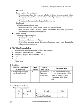 KTSP Perangkat Pembelajaran Tingkat SD, MI, DAN SDLB

 Elaborasi
Dalam kegiatan elaborasi, guru:
 Melakukan percobaan dan observasi terhadap air keran yang masuk pada tabung
ukur, pengamatan, analisis data dan diskusi untuk dapat mengenal dan menentukan
satuan debit
 Melakukan diskusi dan latihan dengan fasilitas soal-soal
 Konfirmasi
Dalam kegiatan konfirmasi, guru:
 Guru bertanya jawab tentang hal-hal yang belum diketahui siswa
 Guru bersama siswa bertanya jawab meluruskan kesalahan pemahaman,
memberikan penguatan dan penyimpulan
 Kegiatan Penutup
Dalam kegiatan penutup, guru:
 Menyimpulkan materi
 Mengevaluasi kegiatan pembelajaran
 Memberikan pekerjaan rumah dan menginformasikan materi yang akan dibahas
pada pertemuan selanjutnya.
G. Alat/Bahan/Sumber Belajar
 Buku Pelajaran Matematika untuk Sekolah Dasar Kelas 6 .
 Matematika SD untuk Kelas VI 6A Esis
 Matematika Progesif Teks Utama SD Kelas 6
 Keran
 Air
 Tabung ukur
H. Penilaian
Indikator Pencapaian
Kompetensi
o Menghitung hubungan
jam, menit dan detik

Teknik
Penilaian
Tes

Bentuk
Instrumen
performance,
kinerja dan
lembar soal

Instrumen/ Soal
o Jika volum sebuah tabung
3.850 m3 dapat terisi penuh
oleh air selama 70 menit.
Berapakah debit airnya?
o dst.

Format Kriteria Penilaian

PRODUK ( HASIL DISKUSI )
No.
1.

248

Aspek
Konsep

Kriteria
* semua benar
* sebagian besar benar
Rencana Pelaksanaan Pembelajaran (RPP)

Skor
4
3

 