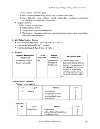 KTSP Perangkat Pembelajaran Tingkat SD, MI, DAN SDLB

Dalam kegiatan konfirmasi, guru:
 Guru bertanya jawab tentang hal-hal yang belum diketahui siswa
 Guru bersama siswa bertanya jawab meluruskan kesalahan pemahaman,
memberikan penguatan dan penyimpulan
 Kegiatan Penutup
Dalam kegiatan penutup, guru:
 Menyimpulkan materi
 Mengevaluasi kegiatan pembelajaran
 Memberikan pekerjaan rumah dan menginformasikan materi yang akan dibahas
pada pertemuan selanjutnya.
G. Alat/Bahan/Sumber Belajar
 Buku Pelajaran Matematika untuk Sekolah Dasar Kelas 6 .
 Matematika SD untuk Kelas VI 6A Esis
 Matematika Progesif Teks Utama SD Kelas 6
H. Penilaian
Indikator Pencapaian
Kompetensi
o Menghitung masalah
dengan rumus debit

Teknik
Penilaian
Tes

Bentuk
Instrumen
performance,
kinerja dan
lembar soal

Instrumen/ Soal
o Sebuah tangki yang
berbentuk tabung memiliki
jari-jari 35 m dan tinggi 10
m. Jika debit air 70 l/jam,
berapakah waktu yang
diperlukan untuk mengisi
setengah tabung tersebut?
dst.

Format Kriteria Penilaian

PRODUK ( HASIL DISKUSI )
No.
1.



Aspek
Konsep

PERFORMANSI
No.
Aspek
1.
Pengetahuan

Kriteria
* semua benar
* sebagian besar benar
* sebagian kecil benar
* semua salah

Kriteria
* Pengetahuan
* kadang-kadang Pengetahuan
* tidak Pengetahuan

Rencana Pelaksanaan Pembelajaran (RPP)

Skor
4
3
2
1

Skor
4
2
1

251

 