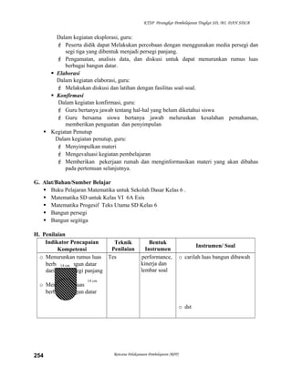 KTSP Perangkat Pembelajaran Tingkat SD, MI, DAN SDLB

Dalam kegiatan eksplorasi, guru:
 Peserta didik dapat Melakukan percobaan dengan menggunakan media persegi dan
segi tiga yang dibentuk menjadi persegi panjang.
 Pengamatan, analisis data, dan diskusi untuk dapat menurunkan rumus luas
berbagai bangun datar.
 Elaborasi
Dalam kegiatan elaborasi, guru:
 Melakukan diskusi dan latihan dengan fasilitas soal-soal.
 Konfirmasi
Dalam kegiatan konfirmasi, guru:
 Guru bertanya jawab tentang hal-hal yang belum diketahui siswa
 Guru bersama siswa bertanya jawab meluruskan kesalahan pemahaman,
memberikan penguatan dan penyimpulan
 Kegiatan Penutup
Dalam kegiatan penutup, guru:
 Menyimpulkan materi
 Mengevaluasi kegiatan pembelajaran
 Memberikan pekerjaan rumah dan menginformasikan materi yang akan dibahas
pada pertemuan selanjutnya.
G. Alat/Bahan/Sumber Belajar
 Buku Pelajaran Matematika untuk Sekolah Dasar Kelas 6 .
 Matematika SD untuk Kelas VI 6A Esis
 Matematika Progesif Teks Utama SD Kelas 6
 Bangun persegi
 Bangun segitiga
H. Penilaian
Indikator Pencapaian
Teknik
Penilaian
Kompetensi
o Menurunkan rumus luas Tes
berbagaicm
14 bangun datar
dari luas persegi panjang

Bentuk
Instrumen
performance,
kinerja dan
lembar soal

Instrumen/ Soal
o carilah luas bangun dibawah

14 cm

o Menghitung luas
berbagai bangun datar

o dst

254

Rencana Pelaksanaan Pembelajaran (RPP)

 