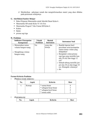 KTSP Perangkat Pembelajaran Tingkat SD, MI, DAN SDLB

 Memberikan pekerjaan rumah dan menginformasikan materi yang akan dibahas
pada pertemuan selanjutnya
G. Alat/Bahan/Sumber Belajar
 Buku Pelajaran Matematika untuk Sekolah Dasar Kelas 6 .
 Matematika SD untuk Kelas VI 6A Esis
 Matematika Progesif Teks Utama SD Kelas 6
 Kubus
 Balok
 prisma segi tiga
H. Penilaian
Indikator Pencapaian
Kompetensi
o Menurunkan rumus
volume bangun ruang

Teknik
Penilaian
Tes

Bentuk
Instrumen
essay dan
kinerja

o Menghitung volume
bangun ruang

Instrumen/ Soal
o Buatlah laporan hasil
percobaan serta kesimpulan
rumus-rumus volum yang
didapatkan!
o Berapakah volum prisma
segi tiga yang memiliki luas
alas 28 cm2 dan tinggi 12
cm?
o Sebuah tabung memiliki jarijari alas 28 cm dan tinggi 10
cm. Hitunglah volumnya!
o dst.

Format Kriteria Penilaian

PRODUK ( HASIL DISKUSI )
No.
1.



PERFORMANSI
No.

Aspek
Konsep

Aspek

Kriteria
* semua benar
* sebagian besar benar
* sebagian kecil benar
* semua salah

Kriteria

Rencana Pelaksanaan Pembelajaran (RPP)

Skor
4
3
2
1

Skor

263

 