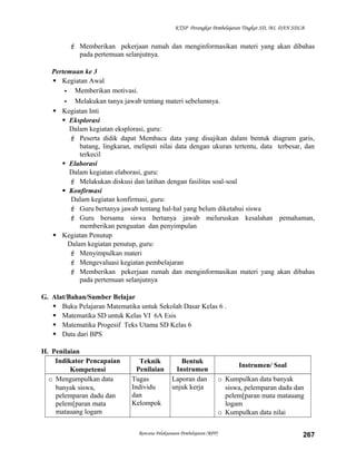 KTSP Perangkat Pembelajaran Tingkat SD, MI, DAN SDLB

 Memberikan pekerjaan rumah dan menginformasikan materi yang akan dibahas
pada pertemuan selanjutnya.
Pertemuan ke 3
 Kegiatan Awal
- Memberikan motivasi.
- Melakukan tanya jawab tentang materi sebelumnya.
 Kegiatan Inti
 Eksplorasi
Dalam kegiatan eksplorasi, guru:
 Peserta didik dapat Membaca data yang disajikan dalam bentuk diagram garis,
batang, lingkaran, meliputi nilai data dengan ukuran tertentu, data terbesar, dan
terkecil
 Elaborasi
Dalam kegiatan elaborasi, guru:
 Melakukan diskusi dan latihan dengan fasilitas soal-soal
 Konfirmasi
Dalam kegiatan konfirmasi, guru:
 Guru bertanya jawab tentang hal-hal yang belum diketahui siswa
 Guru bersama siswa bertanya jawab meluruskan kesalahan pemahaman,
memberikan penguatan dan penyimpulan
 Kegiatan Penutup
Dalam kegiatan penutup, guru:
 Menyimpulkan materi
 Mengevaluasi kegiatan pembelajaran
 Memberikan pekerjaan rumah dan menginformasikan materi yang akan dibahas
pada pertemuan selanjutnya
G. Alat/Bahan/Sumber Belajar
 Buku Pelajaran Matematika untuk Sekolah Dasar Kelas 6 .
 Matematika SD untuk Kelas VI 6A Esis
 Matematika Progesif Teks Utama SD Kelas 6
 Data dari BPS
H. Penilaian
Indikator Pencapaian
Kompetensi
o Mengumpulkan data
banyak siswa,
pelemparan dadu dan
pelem[paran mata
matauang logam

Teknik
Penilaian
Tugas
Individu
dan
Kelompok

Bentuk
Instrumen
Laporan dan
unjuk kerja

Rencana Pelaksanaan Pembelajaran (RPP)

Instrumen/ Soal
o Kumpulkan data banyak
siswa, pelemparan dadu dan
pelem[paran mata matauang
logam
o Kumpulkan data nilai
267

 