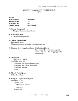 KTSP Perangkat Pembelajaran Tingkat SD, MI, DAN SDLB

RENCANA PELAKSANAAN PEMBELAJARAN
( RPP )

Sekolah
Mata Pelajaran
Kelas/Semester
Pertemuan KeAlokasi Waktu

:
:
:
:
:

...........................
Matematika
VI/1
1-5
10 x 35 menit

A. Standar Kompetensi
:
4. Mengumpulkan dan mengolah data
B. Kompetensi Dasar
4.2 Menafsirkan sajian data
C. Tujuan Pembelajaran**
Peserta didik dapat :
Menentukan rata-rata hitung dan modus dari suatu data
 Karakter siswa yang diharapkan : Disiplin ( Discipline ),
Rasa hormat dan perhatian ( respect )
Tekun ( diligence ) dan Tanggung jawab (
responsibility )
D. Materi Ajar
PENGOLAHAN DATA
Menafsirkan sajian data
 Menentukan data dengan ukuran tertentu
 Menentukan data terbesar dan terkecil
 Menentukan rata-rata
 Modus
E. Metode Pembelajaran
latihan dan diskusi
F. Langkah-Langkah Pembelajaran
Pertemuan ke 1-5
 Kegiatan Awal
- Memberikan motivasi.
- Apersepsi
 Kegiatan Inti

Rencana Pelaksanaan Pembelajaran (RPP)

273

 