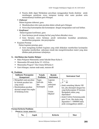 KTSP Perangkat Pembelajaran Tingkat SD, MI, DAN SDLB

 Peserta didik dapat Melakukan percobaan menggunakan benda disekitar untuk
membangun pemikiran siswa mengenai konsep nilai suatu pecahan serta
memasukannya kedalam garis bilangan.
 Elaborasi
Dalam kegiatan elaborasi, guru:
 Mendiskusikan nilai suatu pecahan dalam sebuah garis bilangan
 Siswa diuji keterampilan dan kemampuan dengan mengerjakan soal-soal latihan.
 Konfirmasi
Dalam kegiatan konfirmasi, guru:
 Guru bertanya jawab tentang hal-hal yang belum diketahui siswa
 Guru bersama siswa bertanya jawab meluruskan kesalahan pemahaman,
memberikan penguatan dan penyimpulan
 Kegiatan Penutup
Dalam kegiatan penutup, guru:
 Guru mengulang kembali kegiatan yang telah dilakukan memberikan kesimpulan
kemudian memberikan pekerjaan rumah dan menginformasikan materi yang akan
dibahas pada pertemuan selanjutnya.
G. Alat/Bahan dan Sumber Belajar
 Buku Pelajaran Matematika untuk Sekolah Dasar Kelas 6 .
 Matematika SD untuk Kelas VI 6 B Esis
 Matematika Progesif Teks Utama SD Kelas 6
 Garis bilangan, mainan anak-anak, meteran dll
H. Penilaian
Indikator Pencapaian
Kompetensi
o Mengubah suatu pecahan
ke bentuk pecahan lain
yang sesuai
o Membulatkan pecahan
desimal sampai dua angka
di belakang koma

Teknik
Penilaian
Tugas
Individu
dan
Kelompok

Bentuk
Instrumen
Laporan
buku
pekerjaan
rumah
Uraian
Objektif

Instrumen/ Soal
5
...
=
o 8 40

o Jarak sumedang Jakarta 180
km, jika ditempuh dengan bus
yang berkecepatan 45 km/jam.
Berapakah waktu yang
diperlukan?
o Jarak Cirebon Semarang pada
peta 15 cm. Jika skala yang
digunakan 1: 1000000 maka
jarak sesungguhnya adalah ...

Format Kriteria Penilaian

PRODUK ( HASIL DISKUSI )
No.

Aspek

Kriteria
Rencana Pelaksanaan Pembelajaran (RPP)

Skor
285

 