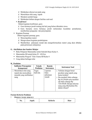 KTSP Perangkat Pembelajaran Tingkat SD, MI, DAN SDLB

 Melakukan oberservasi pada uang
 Menuliskan nilai uang rupiah
 Menaksir jumlah harga
 Melakukan latihan dengan fasilitas soal-soal
 Konfirmasi
Dalam kegiatan konfirmasi, guru:
 Guru bertanya jawab tentang hal-hal yang belum diketahui siswa
 Guru bersama siswa bertanya jawab meluruskan kesalahan pemahaman,
memberikan penguatan dan penyimpulan
 Kegiatan Penutup
Dalam kegiatan penutup, guru:
 Menyimpulkan materi
 Mengevaluasi kegiatan pembelajaran
 Memberikan pekerjaan rumah dan menginformasikan materi yang akan dibahas
pada pertemuan selanjutnya
G. Alat/Bahan dan Sumber Belajar
 Buku Pelajaran Matematika untuk Sekolah Dasar Kelas 4 .
 Matematika SD untuk Kelas IV 4 B Esis
 Matematika Progesif Teks Utama SD Kelas 4
 Uang dalam berbagai nilai
H. Penilaian
Indikator Pencapaian
Teknik
Penilaian
Kompetensi
o Menuliskan nilai uang
Tugas
Individu
rupiah dan memcahkan
masalah yang melibatkan
uang

Bentuk
Instrumen
Laporan
buku
pekerjaan
rumah

Instrumen/ Soal
o Tuliskan dengan benar
pecahan uang rupiah yang
kamu ketahui!
o Ibu membeli buku seharga
Rp 54.250,00 serta membeli
rak buku seharga Rp
728.450,00. Berapa taksiran
uang yang dikeluarkan Ibu
dalam ribuan?

Format Kriteria Penilaian

PRODUK ( HASIL DISKUSI )
No.

Aspek

Kriteria

Rencana Pelaksanaan Pembelajaran (RPP)

Skor

31

 