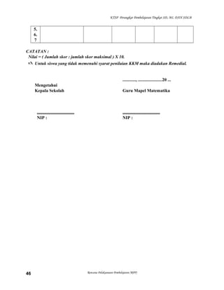 KTSP Perangkat Pembelajaran Tingkat SD, MI, DAN SDLB

5.
6.
7
CATATAN :
Nilai = ( Jumlah skor : jumlah skor maksimal ) X 10.
 Untuk siswa yang tidak memenuhi syarat penilaian KKM maka diadakan Remedial.

............, ......................20 ...
Mengetahui
Kepala Sekolah

..................................
NIP :

46

Guru Mapel Matematika

..................................
NIP :

Rencana Pelaksanaan Pembelajaran (RPP)

 