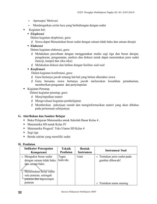 KTSP Perangkat Pembelajaran Tingkat SD, MI, DAN SDLB

- Apresepsi/ Motivasi
- Mendengarkan cerita lucu yang berhubungan dengan sudut
 Kegiatan Inti
 Eksplorasi
Dalam kegiatan eksplorasi, guru:
 Siswa dapat Menentukan besar sudut dengan satuan tidak baku dan satuan derajat
 Elaborasi
Dalam kegiatan elaborasi, guru:
 Melakukan percobaan dengan menggunakan media segi tiga dan busur derajat,
pengukuran, pengamatan, analisis dan diskusi untuk dapat menentukan jenis sudut
(lancip, tumpul dan siku-siku)
 Melakukan diskusi dan latihan dengan fasilitas soal-soal
 Konfirmasi
Dalam kegiatan konfirmasi, guru:
 Guru bertanya jawab tentang hal-hal yang belum diketahui siswa
 Guru bersama siswa bertanya jawab meluruskan kesalahan pemahaman,
memberikan penguatan dan penyimpulan
 Kegiatan Penutup
Dalam kegiatan penutup, guru:
 Menyimpulkan materi
 Mengevaluasi kegiatan pembelajaran
 Memberikan pekerjaan rumah dan menginformasikan materi yang akan dibahas
pada pertemuan selanjutnya
G. Alat/Bahan dan Sumber Belajar
 Buku Pelajaran Matematika untuk Sekolah Dasar Kelas 4 .
 Matematika SD untuk Kelas IV
 Matematika Progesif Teks Utama SD Kelas 4
 Segi tiga
 Benda sekitar yang memiliki sudut
H. Penilaian
Indikator Pencapaian
Teknik
Penilaian
Kompetensi
o Mengukur besar sudut
Tugas
dengan satuan tidak baku Individu
dan satuan baku

Bentuk
Instrumen
1sian

o Menentukan besar sudut
satu putaran, setengah
putaran dan seperempat
putaran
52

Instrumen/ Soal
o Tentukan jenis sudut pada
gambar dibawah!

o Tentukan nama masing
Rencana Pelaksanaan Pembelajaran (RPP)

 