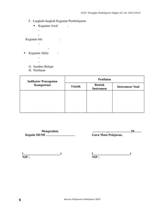 KTSP Perangkat Pembelajaran Tingkat SD, MI, DAN SDLB

F. Langkah-langkah Kegiatan Pembelajaran
 Kegiatan Awal
:
Kegiatan Inti
:
 Kegiatan Akhir
:
G. Sumber Belajar
H. Penilaian
Indikator Pencapaian
Kompetensi

Penilaian
Teknik

Mengetahui,
Kepala SD/MI ………………………

(_______________________)
NIP :

6

Bentuk
Instrumen

Instrumen/ Soal

…….……..,…………………20…….
Guru Mata Pelajaran.

(_______________________)
NIP :

Rencana Pelaksanaan Pembelajaran (RPP)

 