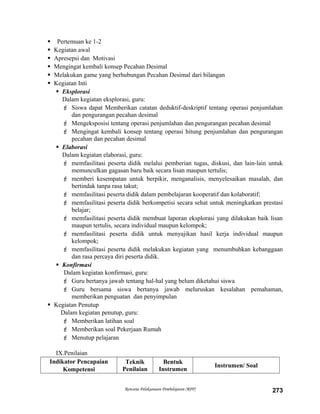  Pertemuan ke 1-2
 Kegiatan awal
 Apresepsi dan Motivasi
 Mengingat kembali konsep Pecahan Desimal
 Melakukan game yang berhubungan Pecahan Desimal dari bilangan
 Kegiatan Inti
 Eksplorasi
Dalam kegiatan eksplorasi, guru:
 Siswa dapat Memberikan catatan deduktif-deskriptif tentang operasi penjumlahan
dan pengurangan pecahan desimal
 Mengeksposisi tentang operasi penjumlahan dan pengurangan pecahan desimal
 Mengingat kembali konsep tentang operasi hitung penjumlahan dan pengurangan
pecahan dan pecahan desimal
 Elaborasi
Dalam kegiatan elaborasi, guru:
 memfasilitasi peserta didik melalui pemberian tugas, diskusi, dan lain-lain untuk
memunculkan gagasan baru baik secara lisan maupun tertulis;
 memberi kesempatan untuk berpikir, menganalisis, menyelesaikan masalah, dan
bertindak tanpa rasa takut;
 memfasilitasi peserta didik dalam pembelajaran kooperatif dan kolaboratif;
 memfasilitasi peserta didik berkompetisi secara sehat untuk meningkatkan prestasi
belajar;
 memfasilitasi peserta didik membuat laporan eksplorasi yang dilakukan baik lisan
maupun tertulis, secara individual maupun kelompok;
 memfasilitasi peserta didik untuk menyajikan hasil kerja individual maupun
kelompok;
 memfasilitasi peserta didik melakukan kegiatan yang menumbuhkan kebanggaan
dan rasa percaya diri peserta didik.
 Konfirmasi
Dalam kegiatan konfirmasi, guru:
 Guru bertanya jawab tentang hal-hal yang belum diketahui siswa
 Guru bersama siswa bertanya jawab meluruskan kesalahan pemahaman,
memberikan penguatan dan penyimpulan
 Kegiatan Penutup
Dalam kegiatan penutup, guru:
 Memberikan latihan soal
 Memberikan soal Pekerjaan Rumah
 Menutup pelajaran
IX.Penilaian
Indikator Pencapaian
Kompetensi
Teknik
Penilaian
Bentuk
Instrumen
Instrumen/ Soal
Rencana Pelaksanaan Pembelajaran (RPP) 273
 