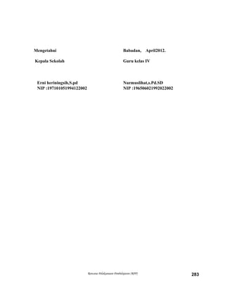 Mengetahui Babadan, April2012.
Kepala Sekolah Guru kelas IV
Erni heriningsih,S.pd Nurmuslihat,s.Pd.SD
NIP :197101051994122002 NIP :196506021992022002
Rencana Pelaksanaan Pembelajaran (RPP) 283
 