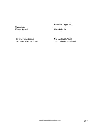 Babadan, April 2012.
Mengetahui
Kepala Sekolah Guru kelas IV
Erni heriningsih,S.pd Nurmuslihat,S.Pd.Sd
NIP :197101051994122002 NIP :196506021992022002
Rencana Pelaksanaan Pembelajaran (RPP) 287
 