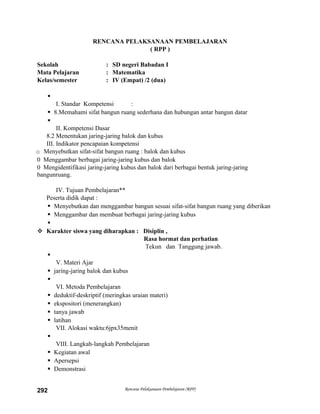 RENCANA PELAKSANAAN PEMBELAJARAN
( RPP )
Sekolah : SD negeri Babadan I
Mata Pelajaran : Matematika
Kelas/semester : IV (Empat) /2 (dua)

I. Standar Kompetensi :
 8.Memahami sifat bangun ruang sederhana dan hubungan antar bangun datar

II. Kompetensi Dasar
8.2 Menentukan jaring-jaring balok dan kubus
III. Indikator pencapaian kompetensi
o Menyebutkan sifat-sifat bangun ruang : balok dan kubus
0 Menggambar berbagai jaring-jaring kubus dan balok
0 Mengidentifikasi jaring-jaring kubus dan balok dari berbagai bentuk jaring-jaring
bangunruang.
IV. Tujuan Pembelajaran**
Peserta didik dapat :
 Menyebutkan dan menggambar bangun sesuai sifat-sifat bangun ruang yang diberikan
 Menggambar dan membuat berbagai jaring-jaring kubus

 Karakter siswa yang diharapkan : Disiplin ,
Rasa hormat dan perhatian
Tekun dan Tanggung jawab.

V. Materi Ajar
 jaring-jaring balok dan kubus

VI. Metoda Pembelajaran
 deduktif-deskriptif (meringkas uraian materi)
 ekspositori (menerangkan)
 tanya jawab
 latihan
VII. Alokasi waktu:6jpx35menit

VIII. Langkah-langkah Pembelajaran
 Kegiatan awal
 Apersepsi
 Demonstrasi
Rencana Pelaksanaan Pembelajaran (RPP)292
 