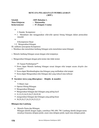 RENCANA PELAKSANAAN PEMBELAJARAN
( RPP )
Sekolah :SDN Babadan 1.
Mata Pelajaran : Matematika
Kelas/semester : IV (Empat) /1 (satu)

I. Standar Kompetensi :
 1. Memahami dan menggunakan sifat-sifat operasi hitung bilangan dalam pemecahan
masalah

II.Kompetensi Dasar
1.2. Mengurutkan bilangan
III. indikator pencapaian Kompetensi
o Membaca dan menuliskan lambang bilangan serta menuliskan nama bilangan
o Menulis lambang bilangan sesuai dengan nilai tempatnya
o Mengurutkan bilangan dengan pola teratur dan tidak teratur
IV.Tujuan Pembelajaran**
 Siswa dapat Menulis lambang bilangan sesuai dengan nilai tempat secara disiplin dan
mandiri
 Siswa dapat Membandingkan dua bilangan yang melibatkan nilai tempat
 Siswa dapat Mengurutkan nilai bilangan dari yang terkecil atau terbesar

 Karakter siswa yang diharapkan : Disiplin & mandiri.

V.Materi Ajar
 Operasi Hitung Bilangan
 Mengurutkan Bilangan
 Mengurutkan bilangan dari bilangan yang paling kecil
 21,22,23,24,25,26,27,28,29,30
 mengurutkan bilangan dari bilangan yang paling besar
 30,29,28,27,26,25,24,23,22,21
Bilangan dan Lambang
• Menulis Nama dan Bilangan
Bilangan identik dengan angka, contohnya 580, 680, 780. Lambang identik dengan nama
misalnya limaratus delapan puluh, enam ratus delapan puluh, tujuh ratus delapan puluh.
Rencana Pelaksanaan Pembelajaran (RPP)178
 