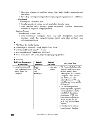  Membahas beberapa permasalahan tentang jarak, waktu dan kecepatan pada soal-
soal latihan.
 Siswa diuji kemampuan dan pemahamannya dengan mengerjakan soal-soal latihan.
 Konfirmasi
Dalam kegiatan konfirmasi, guru:
 Guru bertanya jawab tentang hal-hal yang belum diketahui siswa
 Guru bersama siswa bertanya jawab meluruskan kesalahan pemahaman,
memberikan penguatan dan penyimpulan
 Kegiatan Penutup
Dalam kegiatan penutup, guru:
 Guru memberikan kesimpulan materi yang telah disampaikan, memberikan
pekerjaan rumah dan menginformasikan materi yang akan dipelajari pada
pertemuan selanjutnya.

 Alat/Bahan dan Sumber Belajar
 Buku Pelajaran Matematika untuk Sekolah Dasar Kelas 5 .
 Matematika SD untuk Kelas V 5 B Esis
 Matematika Progesif Teks Utama SD Kelas 5
 White board, papan tulis, spidol, kapur dan penghapus papan tulis

 Penilaian
Indikator Pencapaian
Kompetensi
Teknik
Penilaian
Bentuk
Instrumen
Instrumen/ Soal
o Menghitung masalah
yang berkaitan denagn
waktu, jarak, dan
kecepatan
Tugas
IndVidu
dan
Kelompok
 Isian dan
uraian
o Pak Buyung Kabul pergi ke
Surabaya naik kereta Agro
Bromo, berangkat dari
Jakarts pukul 07.00 malam.
Kecepatan kereta api rata-
rata 90 km. Jika jarak
Jakarta Surabaya 900 km,
pukul berapa kereta api tiba
di Surabaya?
o Pak Asep mengendarai
mobil di jalan tol jago rawi.
Ia berangkat dari Jakarta
pukul 06.20 dan tiba di
ciawi pukul 07.00. jika
kecepatan mobil rata-rata
90 km per jam, berapa
jarak yang ditempuh Pak
Darmo?
o Sebuah pesawat terbang
berangkat dari Bandara
Rencana Pelaksanaan Pembelajaran (RPP)344
 
