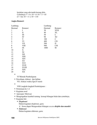 kerjakan yang ada tanda kurung dulu.
Contohnya 5 + 6 x 10 = 6×10 + 5 = 65
(5 + 6)x 10 = 11 x 10 = 110
Angka Romawi
Lambang Lambang
Desimal Romawi Desimal Romawi
1 I 30 XXX
2 II 40 XL
3 III 50 L
4 IV 90 XC
5 V 100 C
6 VI 400 CD
7 VII 500 D
8 VIII 900 CM
9 IX 1000 M
10 X
11 XI
12 XII
13 XIII
14 XIV
15 XV
16 XVI
17 XVII
18 XVIII
19 XIX
20 XX

VI’Metode Pembelajaran
 Percobaan, diskusi, dan latihan
VII. Alokasi waktu:5jpx35 menit

VIII.Langkah-langkah Pembelajaran :
 Pertemuan ke 1-2
 Kegiatan awal
 Apresepsi/ Motivasi
 Mengingatkan kembali tentang konsep bilangan bulat dan contohnya.
 Kegiatan Inti
 Eksplorasi
Dalam kegiatan eksplorasi, guru:
 Siswa dapat Mengurutkan bilangan secara disiplin dan mandiri
 Elaborasi
Dalam kegiatan elaborasi, guru:
Rencana Pelaksanaan Pembelajaran (RPP)180
 