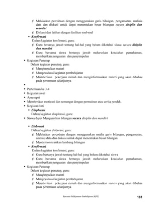  Melakukan percobaan dengan menggunakan garis bilangan, pengamatan, analisis
data dan diskusi untuk dapat menentukan besar bilangan secara disiplin dan
mandiri
 Diskusi dan latihan dengan fasilitas soal-soal
 Konfirmasi
Dalam kegiatan konfirmasi, guru:
 Guru bertanya jawab tentang hal-hal yang belum diketahui siswa secara disiplin
dan mandiri
 Guru bersama siswa bertanya jawab meluruskan kesalahan pemahaman,
memberikan penguatan dan penyimpulan
 Kegiatan Penutup
Dalam kegiatan penutup, guru:
 Menyimpulkan materi
 Mengevaluasi kegiatan pembelajaran
 Memberikan pekerjaan rumah dan menginformasikan materi yang akan dibahas
pada pertemuan selanjutnya

 Pertemuan ke 3-4
 Kegiatan awal
 Apresepsi
 Memberikan motivasi dan semangat dengan permainan atau cerita pendek.
 Kegiatan Inti
 Eksplorasi
Dalam kegiatan eksplorasi, guru:
 Siswa dapat Mengurutkan bilangan secara disiplin dan mandiri
 Elaborasi
Dalam kegiatan elaborasi, guru:
 Melakukan percobaan dengan menggunakan media garis bilangan, pengamatan,
analisis data dan diskusi untuk dapat menentukan besar bilangan
 Mendemonstrasikan lambang bilangan
 Konfirmasi
Dalam kegiatan konfirmasi, guru:
 Guru bertanya jawab tentang hal-hal yang belum diketahui siswa
 Guru bersama siswa bertanya jawab meluruskan kesalahan pemahaman,
memberikan penguatan dan penyimpulan
 Kegiatan Penutup
Dalam kegiatan penutup, guru:
 Menyimpulkan materi
 Mengevaluasi kegiatan pembelajaran
 Memberikan pekerjaan rumah dan menginformasikan materi yang akan dibahas
pada pertemuan selanjutnya
Rencana Pelaksanaan Pembelajaran (RPP) 181
 