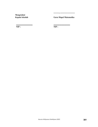 ............, ..............................
Mengetahui
Kepala Sekolah Guru Mapel Matematika
.................................. ..................................
NIP : NIP :
Rencana Pelaksanaan Pembelajaran (RPP) 381
 