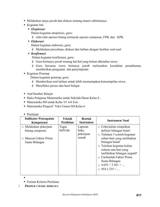  Melakukan tanya jawab dan diskusi tentang materi sebelumnya.
 Kegiatan Inti
 Eksplorasi
Dalam kegiatan eksplorasi, guru:
 sifat-sifat operasi hitung termasuk operasi campuran, FPB, dan KPK
 Elaborasi
Dalam kegiatan elaborasi, guru:
 Melakukan percobaan, diskusi dan latihan dengan fasilitas soal-soal
 Konfirmasi
Dalam kegiatan konfirmasi, guru:
 Guru bertanya jawab tentang hal-hal yang belum diketahui siswa
 Guru bersama siswa bertanya jawab meluruskan kesalahan pemahaman,
memberikan penguatan dan penyimpulan
 Kegiatan Penutup
Dalam kegiatan penutup, guru:
 Memberikan soal latihan untuk lebih memantapkan keterampilan siswa.
 Merefleksi proses dan hasil belajar.
 Alat/Sumber Belajar
 Buku Pelajaran Matematika untuk Sekolah Dasar Kelas 6 .
 Matematika SD untuk Kelas VI 6A Esis
 Matematika Progesif Teks Utama SD Kelas 6
 Penilaian
Indikator Pencapaian
Kompetensi
Teknik
Penilaian
Bentuk
Instrumen
Instrumen/ Soal
o Melakukan pekerjaan
hitung campuran
o Mencari Faktor Prima
Suatu Bilangan
Tugas
IndVidu
Laporan
buku
pekerjaan
rumah
o Coba kalian simpulkan
definisi bilangan bulat!
o Tuliskan 3 contoh kegiatan
sehari-hari yang melibatkan
bilangan bulat!
o Tuliskan kegiatan kalian
selama satu hari yang
melibatkan bilangan negatif!
o Carikanlah Faktor Prima
Suatu Bilangan
o 4.655 + 3.561 = ....
o 454 x 235 = ...

 Format Kriteria Penilaian
 PRODUK ( HASIL DISKUSI )
Rencana Pelaksanaan Pembelajaran (RPP) 411
 