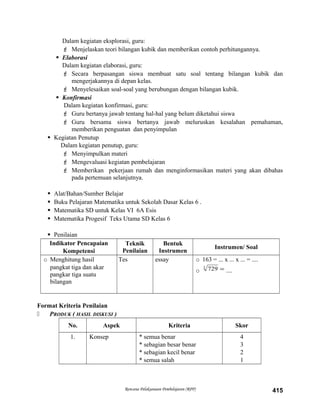Dalam kegiatan eksplorasi, guru:
 Menjelaskan teori bilangan kubik dan memberikan contoh perhitungannya.
 Elaborasi
Dalam kegiatan elaborasi, guru:
 Secara berpasangan siswa membuat satu soal tentang bilangan kubik dan
mengerjakannya di depan kelas.
 Menyelesaikan soal-soal yang berubungan dengan bilangan kubik.
 Konfirmasi
Dalam kegiatan konfirmasi, guru:
 Guru bertanya jawab tentang hal-hal yang belum diketahui siswa
 Guru bersama siswa bertanya jawab meluruskan kesalahan pemahaman,
memberikan penguatan dan penyimpulan
 Kegiatan Penutup
Dalam kegiatan penutup, guru:
 Menyimpulkan materi
 Mengevaluasi kegiatan pembelajaran
 Memberikan pekerjaan rumah dan menginformasikan materi yang akan dibahas
pada pertemuan selanjutnya.
 Alat/Bahan/Sumber Belajar
 Buku Pelajaran Matematika untuk Sekolah Dasar Kelas 6 .
 Matematika SD untuk Kelas VI 6A Esis
 Matematika Progesif Teks Utama SD Kelas 6
 Penilaian
Indikator Pencapaian
Kompetensi
Teknik
Penilaian
Bentuk
Instrumen
Instrumen/ Soal
o Menghitung hasil
pangkat tiga dan akar
pangkar tiga suatu
bilangan
Tes essay o 163 = ... x ... x ... = ....
o =3
729 ....
Format Kriteria Penilaian
 PRODUK ( HASIL DISKUSI )
No. Aspek Kriteria Skor
1. Konsep * semua benar
* sebagian besar benar
* sebagian kecil benar
* semua salah
4
3
2
1
Rencana Pelaksanaan Pembelajaran (RPP) 415
 