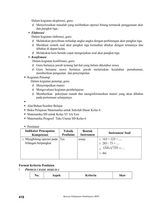 Dalam kegiatan eksplorasi, guru:
 Menyelesaikan masalah yang melibatkan operasi hitung termasuk penggunaan akar
dan pangkat tiga..
 Elaborasi
Dalam kegiatan elaborasi, guru:
 Melakukan percobaan terhadap angka-angka dengan perhitungan akar pangkat tiga.
 Membuat contoh soal akar pangkat tiga kemudian ditukar dengan temannya dan
dibahas di depan kelas.
 Melakukan kuis beradu cepat mengerjakan soal akar pangkat tiga.
 Konfirmasi
Dalam kegiatan konfirmasi, guru:
 Guru bertanya jawab tentang hal-hal yang belum diketahui siswa
 Guru bersama siswa bertanya jawab meluruskan kesalahan pemahaman,
memberikan penguatan dan penyimpulan
 Kegiatan Penutup
Dalam kegiatan penutup, guru:
 Menyimpulkan materi
 Mengevaluasi kegiatan pembelajaran
 Memberikan pekerjaan rumah dan menginformasikan materi yang akan dibahas
pada pertemuan selanjutnya.

 Alat/Bahan/Sumber Belajar
 Buku Pelajaran Matematika untuk Sekolah Dasar Kelas 6 .
 Matematika SD untuk Kelas VI 6A Esis
 Matematika Progesif Teks Utama SD Kelas 6
 Penilaian
Indikator Pencapaian
Kompetensi
Teknik
Penilaian
Bentuk
Instrumen
Instrumen/ Soal
o Menghitung operasi pada
bilangan berpangkat
Tes essay o 163 + 123 = ....
o 283 : 73 = ....
o ....72964 33
=x
o dst.
Format Kriteria Penilaian
 PRODUK ( HASIL DISKUSI )
No. Aspek Kriteria Skor
Rencana Pelaksanaan Pembelajaran (RPP)418
 