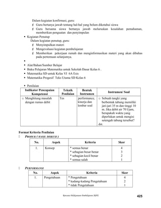 Dalam kegiatan konfirmasi, guru:
 Guru bertanya jawab tentang hal-hal yang belum diketahui siswa
 Guru bersama siswa bertanya jawab meluruskan kesalahan pemahaman,
memberikan penguatan dan penyimpulan
 Kegiatan Penutup
Dalam kegiatan penutup, guru:
 Menyimpulkan materi
 Mengevaluasi kegiatan pembelajaran
 Memberikan pekerjaan rumah dan menginformasikan materi yang akan dibahas
pada pertemuan selanjutnya.

 Alat/Bahan/Sumber Belajar
 Buku Pelajaran Matematika untuk Sekolah Dasar Kelas 6 .
 Matematika SD untuk Kelas VI 6A Esis
 Matematika Progesif Teks Utama SD Kelas 6
 Penilaian
Indikator Pencapaian
Kompetensi
Teknik
Penilaian
Bentuk
Instrumen
Instrumen/ Soal
o Menghitung masalah
dengan rumus debit
Tes performance,
kinerja dan
lembar soal
o Sebuah tangki yang
berbentuk tabung memiliki
jari-jari 35 m dan tinggi 10
m. Jika debit air 70 l/jam,
berapakah waktu yang
diperlukan untuk mengisi
setengah tabung tersebut?
dst.
Format Kriteria Penilaian
 PRODUK ( HASIL DISKUSI )
No. Aspek Kriteria Skor
1. Konsep * semua benar
* sebagian besar benar
* sebagian kecil benar
* semua salah
4
3
2
1
 PERFORMANSI
No. Aspek Kriteria Skor
1. Pengetahuan * Pengetahuan
* kadang-kadang Pengetahuan
* tidak Pengetahuan
4
2
1
Rencana Pelaksanaan Pembelajaran (RPP) 425
 