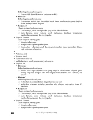 Dalam kegiatan eksplorasi, guru:
 Peserta didik dapat Melakukan kunjungan ke BPS
 Elaborasi
Dalam kegiatan elaborasi, guru:
 Pengamatan, analisis data dan diskusi untuk dapat membaca data yang disajikan
dalam berbagai bentuk diagram
 Konfirmasi
Dalam kegiatan konfirmasi, guru:
 Guru bertanya jawab tentang hal-hal yang belum diketahui siswa
 Guru bersama siswa bertanya jawab meluruskan kesalahan pemahaman,
memberikan penguatan dan penyimpulan
 Kegiatan Penutup
Dalam kegiatan penutup, guru:
 Menyimpulkan materi
 Mengevaluasi kegiatan pembelajaran
 Memberikan pekerjaan rumah dan menginformasikan materi yang akan dibahas
pada pertemuan selanjutnya.

 Pertemuan ke 2
 Kegiatan Awal
 Memberikan motivasi.
 Melakukan tanya jawab tentang materi sebelumnya.
 Kegiatan Inti
 Eksplorasi
Dalam kegiatan eksplorasi, guru:
 Peserta didik dapat Membaca data yang disajikan dalam bentuk diagram garis,
batang, lingkaran, meliputi nilai data dengan ukuran tertentu, data terbesar, dan
terkecil
 Elaborasi
Dalam kegiatan elaborasi, guru:
 Melakukan diskusi dan latihan dengan fasilitas soal-soal
 Melakukan observasi terhadap perolehan nilai ulangan matematika siswa SD
Assalaam
 Konfirmasi
Dalam kegiatan konfirmasi, guru:
 Guru bertanya jawab tentang hal-hal yang belum diketahui siswa
 Guru bersama siswa bertanya jawab meluruskan kesalahan pemahaman,
memberikan penguatan dan penyimpulan
 Kegiatan Penutup
Dalam kegiatan penutup, guru:
 Menyimpulkan materi
 Mengevaluasi kegiatan pembelajaran
Rencana Pelaksanaan Pembelajaran (RPP)440
 