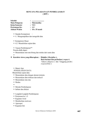 RENCANA PELAKSANAAN PEMBELAJARAN
( RPP )
Sekolah : ...........................
Mata Pelajaran : Matematika
Kelas/Semester : VI/1
Pertemuan Ke- : 1-5
Alokasi Waktu : 10 x 35 menit
 Standar Kompetensi :
 4. Mengumpulkan dan mengolah data
 Kompetensi Dasar
 4.2 Menafsirkan sajian data
 Tujuan Pembelajaran**
Peserta didik dapat :
 Menentukan rata-rata hitung dan modus dari suatu data

 Karakter siswa yang diharapkan : Disiplin ( Discipline ),
Rasa hormat dan perhatian ( respect )
Tekun ( diligence ) dan Tanggung jawab (
responsibility )
 Materi Ajar
PENGOLAHAN DATA
Menafsirkan sajian data
 Menentukan data dengan ukuran tertentu
 Menentukan data terbesar dan terkecil
 Menentukan rata-rata
 Modus

 Metode Pembelajaran
 latihan dan diskusi
 Langkah-Langkah Pembelajaran
 Pertemuan ke 1-5
 Kegiatan Awal
 Memberikan motivasi.
 Apersepsi
 Kegiatan Inti
Rencana Pelaksanaan Pembelajaran (RPP) 447
 