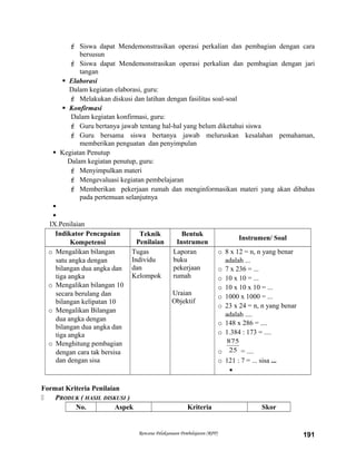  Siswa dapat Mendemonstrasikan operasi perkalian dan pembagian dengan cara
bersusun
 Siswa dapat Mendemonstrasikan operasi perkalian dan pembagian dengan jari
tangan
 Elaborasi
Dalam kegiatan elaborasi, guru:
 Melakukan diskusi dan latihan dengan fasilitas soal-soal
 Konfirmasi
Dalam kegiatan konfirmasi, guru:
 Guru bertanya jawab tentang hal-hal yang belum diketahui siswa
 Guru bersama siswa bertanya jawab meluruskan kesalahan pemahaman,
memberikan penguatan dan penyimpulan
 Kegiatan Penutup
Dalam kegiatan penutup, guru:
 Menyimpulkan materi
 Mengevaluasi kegiatan pembelajaran
 Memberikan pekerjaan rumah dan menginformasikan materi yang akan dibahas
pada pertemuan selanjutnya


IX.Penilaian
Indikator Pencapaian
Kompetensi
Teknik
Penilaian
Bentuk
Instrumen
Instrumen/ Soal
o Mengalikan bilangan
satu angka dengan
bilangan dua angka dan
tiga angka
o Mengalikan bilangan 10
secara berulang dan
bilangan kelipatan 10
o Mengalikan Bilangan
dua angka dengan
bilangan dua angka dan
tiga angka
o Menghitung pembagian
dengan cara tak bersisa
dan dengan sisa
Tugas
Individu
dan
Kelompok
Laporan
buku
pekerjaan
rumah
Uraian
Objektif
o 8 x 12 = n, n yang benar
adalah ...
o 7 x 236 = ...
o 10 x 10 = ...
o 10 x 10 x 10 = ...
o 1000 x 1000 = ...
o 23 x 24 = n, n yang benar
adalah ....
o 148 x 286 = ....
o 1.384 : 173 = ....
o 25
875
= ....
o 121 : 7 = ... sisa ...

Format Kriteria Penilaian
 PRODUK ( HASIL DISKUSI )
No. Aspek Kriteria Skor
Rencana Pelaksanaan Pembelajaran (RPP) 191
 