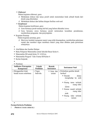  Elaborasi
Dalam kegiatan elaborasi, guru:
 Melakukan diskusi dan tanya jawab untuk menentukan letak sebuah benda dari
denah yang ditentukan
 Melakukan diskusi dan latihan dengan fasilitas soal-soal
 Konfirmasi
Dalam kegiatan konfirmasi, guru:
 Guru bertanya jawab tentang hal-hal yang belum diketahui siswa
 Guru bersama siswa bertanya jawab meluruskan kesalahan pemahaman,
memberikan penguatan dan penyimpulan
 Kegiatan Penutup
Dalam kegiatan penutup, guru:
 Meriview kembali mengenai materi yang telah disampaikan, memberikan pekerjaan
rumah dan memberi tugas membaca materi yang akan dibahas pada pertemuan
selanjutnya.

 Alat/Bahan dan Sumber Belajar
 Buku Pelajaran Matematika untuk Sekolah Dasar Kelas 6 .
 Matematika SD untuk Kelas VI 6 B Esis
 Matematika Progesif Teks Utama SD Kelas 6
 Kertas berpetak

 Penilaian
Indikator Pencapaian
Kompetensi
Teknik
Penilaian
Bentuk
Instrumen
Instrumen/ Soal
oMenggambar letak
benda secara sederhana
oTugas
Individu
 Isian dan
uraian
oPerhatikan gambar denah
berikut!
 Rumah diatas
menghadap ke arah
….
 Ruang tamu terletak
… ruang tidur
utama
 Kamar mandi terletak
… ruang tidur
anak
 Ruang tidur terletak
… naman

Format Kriteria Penilaian
 PRODUK ( HASIL DISKUSI )
Rencana Pelaksanaan Pembelajaran (RPP)472
 