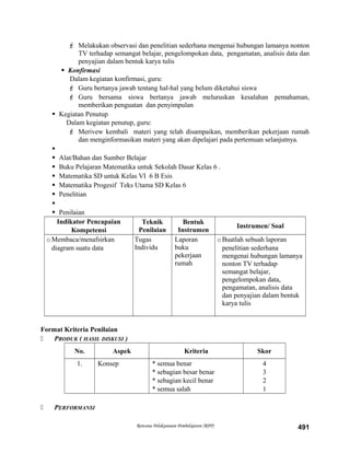  Melakukan observasi dan penelitian sederhana mengenai hubungan lamanya nonton
TV terhadap semangat belajar, pengelompokan data, pengamatan, analisis data dan
penyajian dalam bentuk karya tulis
 Konfirmasi
Dalam kegiatan konfirmasi, guru:
 Guru bertanya jawab tentang hal-hal yang belum diketahui siswa
 Guru bersama siswa bertanya jawab meluruskan kesalahan pemahaman,
memberikan penguatan dan penyimpulan
 Kegiatan Penutup
Dalam kegiatan penutup, guru:
 Merivew kembali materi yang telah disampaikan, memberikan pekerjaan rumah
dan menginformasikan materi yang akan dipelajari pada pertemuan selanjutnya.

 Alat/Bahan dan Sumber Belajar
 Buku Pelajaran Matematika untuk Sekolah Dasar Kelas 6 .
 Matematika SD untuk Kelas VI 6 B Esis
 Matematika Progesif Teks Utama SD Kelas 6
 Penelitian

 Penilaian
Indikator Pencapaian
Kompetensi
Teknik
Penilaian
Bentuk
Instrumen
Instrumen/ Soal
oMembaca/menafsirkan
diagram suatu data
Tugas
Individu
Laporan
buku
pekerjaan
rumah
oBuatlah sebuah laporan
penelitian sederhana
mengenai hubungan lamanya
nonton TV terhadap
semangat belajar,
pengelompokan data,
pengamatan, analisis data
dan penyajian dalam bentuk
karya tulis
Format Kriteria Penilaian
 PRODUK ( HASIL DISKUSI )
No. Aspek Kriteria Skor
1. Konsep * semua benar
* sebagian besar benar
* sebagian kecil benar
* semua salah
4
3
2
1
 PERFORMANSI
Rencana Pelaksanaan Pembelajaran (RPP) 491
 