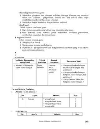 Dalam kegiatan elaborasi, guru:
 Melakukan percobaan dan observasi terhadap beberapa bilangan yang memiliki
faktor dan kelipatan, pengamatan, analisis data dan diskusi untuk dapat
mendeskripsikan konsep faktor dan kelipatan
 Melakukan diskusi dan latihan dengan fasilitas soal-soal
 Konfirmasi
Dalam kegiatan konfirmasi, guru:
 Guru bertanya jawab tentang hal-hal yang belum diketahui siswa
 Guru bersama siswa bertanya jawab meluruskan kesalahan pemahaman,
memberikan penguatan dan penyimpulan
 Kegiatan Penutup
Dalam kegiatan penutup, guru:
 Menyimpulkan materi
 Mengevaluasi kegiatan pembelajaran
 Memberikan pekerjaan rumah dan menginformasikan materi yang akan dibahas
pada pertemuan selanjutnya


IX.Penilaian
Indikator Pencapaian
Kompetensi
Teknik
Penilaian
Bentuk
Instrumen
Instrumen/ Soal
o Mencari kelipatan dan
faktor suatu bilangan
Tugas
Individu
Laporan
buku
pekerjaan
rumah
o Apa yang dimaksud dengan
faktor suatu bilangan, beri
contohnya!
o Apa yang dimaksud dengan
kelipatan suatu bilangan, beri
contohnya!
o Apa perbedaan faktor dan
kelipatan suatu bilangan ?
Format Kriteria Penilaian
 PRODUK ( HASIL DISKUSI )
No. Aspek Kriteria Skor
1. Konsep * semua benar
* sebagian besar benar
* sebagian kecil benar
* semua salah
4
3
2
1
 PERFORMANSI
No. Aspek Kriteria Skor
Rencana Pelaksanaan Pembelajaran (RPP) 205
 