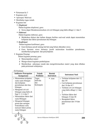  Pertemuan ke 3
 Kegiatan awal
 Apresepsi/ Motivasi
 Membahas tugas rumah.
 Kegiatan Inti
 Eksplorasi
Dalam kegiatan eksplorasi, guru:
 Siswa dapat Mendemonstrasikan ciri-ciri bilangan yang habis dibagi 2, 3 dan 5
 Elaborasi
Dalam kegiatan elaborasi, guru:
 Melakukan diskusi dan latihan dengan fasilitas soal-soal untuk dapat menentukan
kelipatan dan faktor persekutuan dua bilangan
 Konfirmasi
Dalam kegiatan konfirmasi, guru:
 Guru bertanya jawab tentang hal-hal yang belum diketahui siswa
 Guru bersama siswa bertanya jawab meluruskan kesalahan pemahaman,
memberikan penguatan dan penyimpulan
 Kegiatan Penutup
Dalam kegiatan penutup, guru:
 Menyimpulkan materi
 Mengevaluasi kegiatan pembelajaran
 Memberikan pekerjaan rumah dan menginformasikan materi yang akan dibahas
pada pertemuan selanjutnya
IX.Penilaian
Indikator Pencapaian
Kompetensi
Teknik
Penilaian
Bentuk
Instrumen
Instrumen/ Soal
o Menentukan kelipatan
suatu suatu bilangan
dan kelipatan
persekutuan dari dua
bilangan
o Mengenal ciri-ciri
bilangan yang habis di
bagi 2, 3, 4, dan 5
o Menentukan faktor dari
suatu Bilangan
o Mengenal bilangan
prima dan saringan
Eratosthenes serta
mencari faktor prima
suatu bilangan
Tugas
Individu
dan
Kelompok
 isian o Tuliskan kelipatan dari 12,
dan 18!
o Cari kelipatan persekutuan
dari 18 dan 42 !
o Tuliskan ciri-ciri bilangan
yang habis dibagi 2, 3 dan
5
o Tuliskan faktor dari
bilangan 32 dan 48
o Berapakah faktor
persekutuan dari 18 dan
60?
Rencana Pelaksanaan Pembelajaran (RPP) 209
2 1
2
2 6
2 3
2
4
 