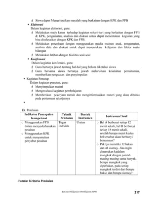  Siswa dapat Menyelesaikan masalah yang berkaitan dengan KPK dan FPB
 Elaborasi
Dalam kegiatan elaborasi, guru:
 Melakukan study kasus terhadap kegiatan sehari-hari yang berkaitan dengan FPB
& KPK, pengamatan, analisis dan diskusi untuk dapat menentukan kegiatan yang
bisa diselesaikan dengan KPK dan FPB.
 Melakukan percobaan dengan menggunakan media mainan anak, pengamatan,
analisis data dan diskusi untuk dapat menentukan kelipatan dan faktor suatu
bilangan
 Melakukan latihan dengan fasilitas soal-soal
 Konfirmasi
Dalam kegiatan konfirmasi, guru:
 Guru bertanya jawab tentang hal-hal yang belum diketahui siswa
 Guru bersama siswa bertanya jawab meluruskan kesalahan pemahaman,
memberikan penguatan dan penyimpulan
 Kegiatan Penutup
Dalam kegiatan penutup, guru:
 Menyimpulkan materi
 Mengevaluasi kegiatan pembelajaran
 Memberikan pekerjaan rumah dan menginformasikan materi yang akan dibahas
pada pertemuan selanjutnya

IX. Penilaian
Indikator Pencapaian
Kompetensi
Teknik
Penilaian
Bentuk
Instrumen
Instrumen/ Soal
o Menggunakan FPB
dalam menyederhanakan
pecahan
o Menggunakan KPK
untuk menyamakan
penyebut pecahan
Tugas
Individu
Uraian o Bel A berbunyi setiap 12
menit sekali, bel B berbunyi
setiap 18 menit sekali,
setelah berapa menit kedua
bel tersebut akan berbunyi
bersamaan?
o Pak Ijo memiliki 32 bakso
dan 48 siomay. Jika ingin
dimasukan kedalam
mangkok dengan jumlah
masing-masing sama banyak,
berapa mangkok yang
diperlukan, pada setiap
mangkok terdiri dari berapa
bakso dan berapa siomay?
Format Kriteria Penilaian
Rencana Pelaksanaan Pembelajaran (RPP) 217
 
