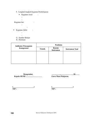 F. Langkah-langkah Kegiatan Pembelajaran
 Kegiatan Awal :
-
-
Kegiatan Inti :
-
-
 Kegiatan Akhir :
-
-
G. Sumber Belajar
H. Penilaian
Indikator Pencapaian
Kompetensi
Penilaian
Teknik
Bentuk
Instrumen
Instrumen/ Soal
Mengetahui,
Kepala SD/MI ………………………
(_______________________)
NIP :
…….……..,…………………20…….
Guru Mata Pelajaran.
(_______________________)
NIP :
Rencana Pelaksanaan Pembelajaran (RPP)166
 